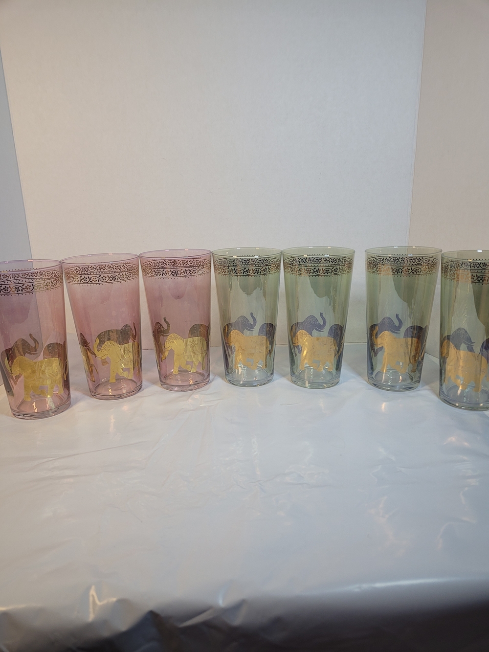 Lot Of 7 Vintage MCM Elephant Highball Glasses 3 Purple 4 Green